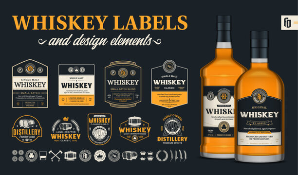 Vector premium quality whiskey labels on a dark background. Realistic whiskey glass bottle mockups. Distillery branding and identity design elements