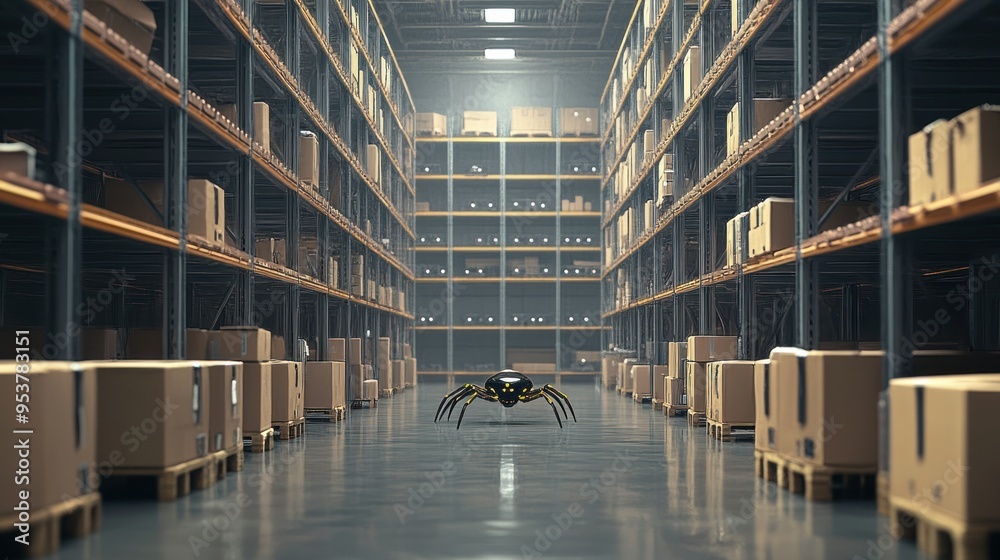 Poster robotic spider in a warehouse with rows of cardboard boxes