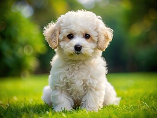 Adorable fluffy white Bichpoo puppy with curly fur and big brown eyes sits on a green lawn, wagging its tiny tail and looking directly at the camera.