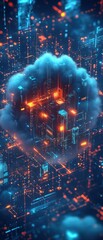 A vibrant futuristic cityscape with glowing buildings and a digital cloud effect, representing technology and innovation.