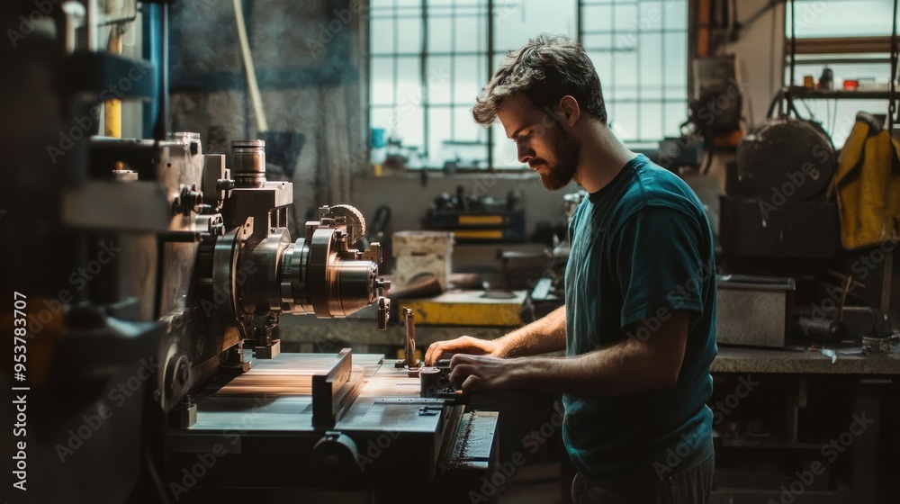 Poster Man operating a metalworking machine in a workshop