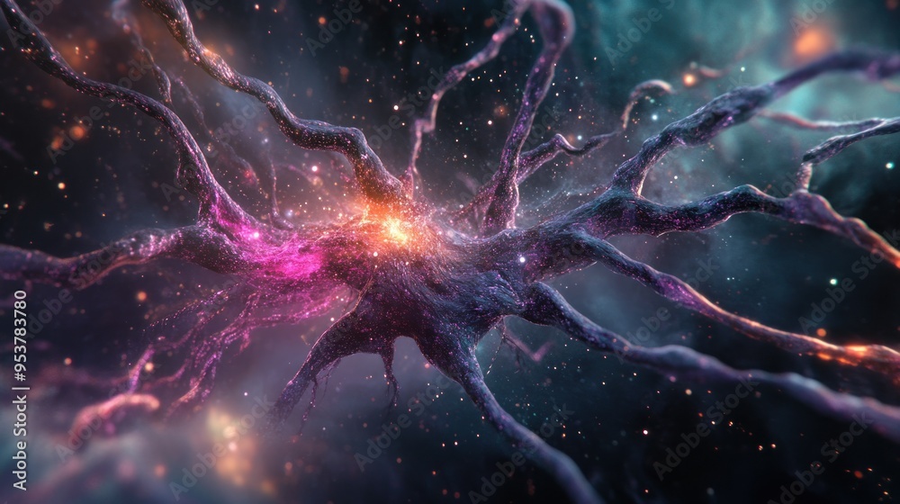 Poster a cosmic neuron with glowing branches and sparkles