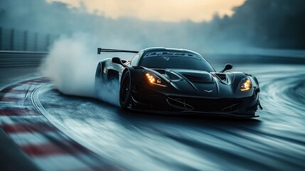 A black sports car drifting around a sharp curve on a race track, smoke billowing from its tires and blurred motion in the background