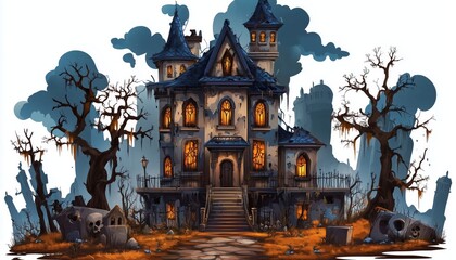 Fototapeta premium A haunting and eerie haunted house stands tall against a backdrop of gloomy trees and a graveyard
