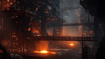 Industrial Complex with Burning Furnaces and Metal Structures