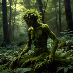 Fototapeta premium A human figure is completely covered with leaves