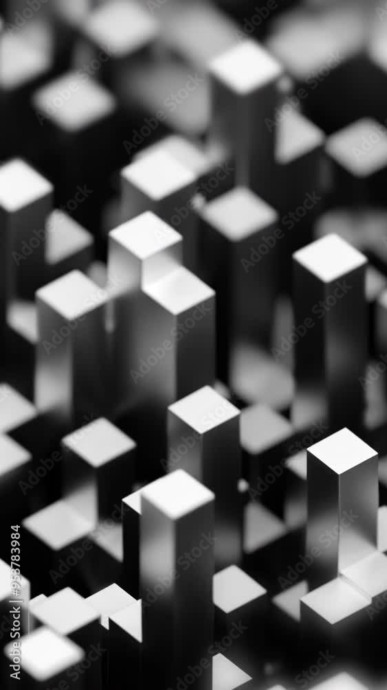 Poster abstract rectangular vertical 3d blocks moving up and down. design. randomly jumping cubic shapes.
