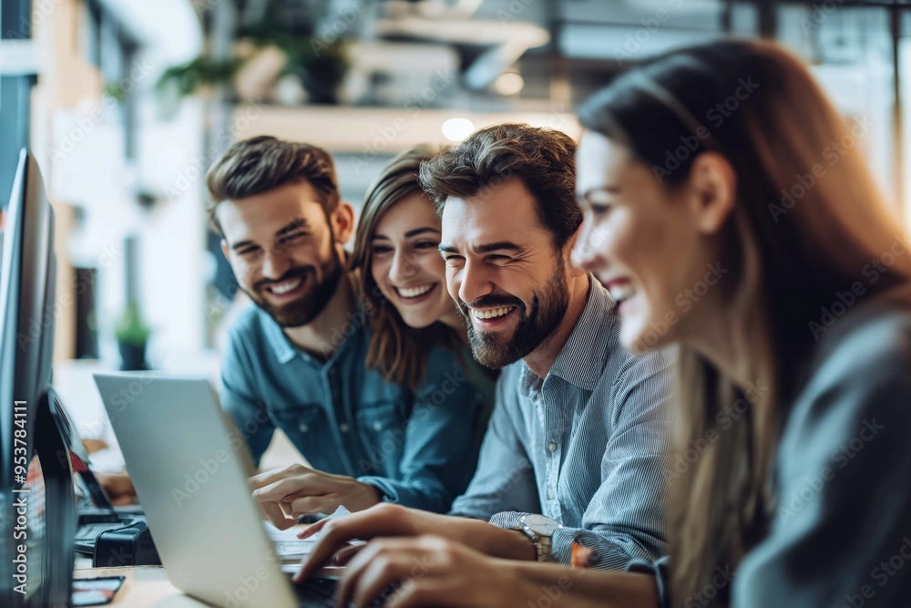 Poster a truly engaged team is actively collaborating in a modern office environment where innovation thriv