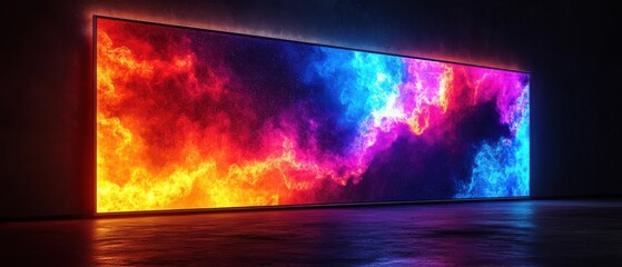 Vibrant Abstract Digital Art Display with Neon Colors on Large Screen in Dark Room