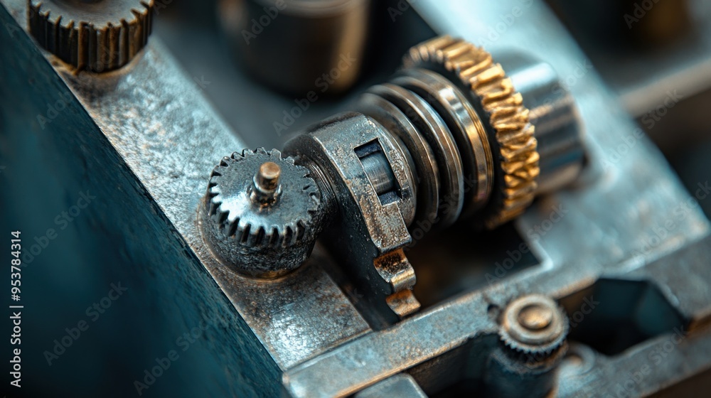 Poster Close-up of a Machine's Interlocking Gears and Components