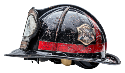 Worn firefighter helmet from New York isolated on transparent background