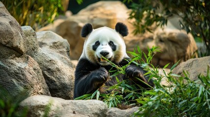 A playful panda munching on bamboo in its zoo habitat, surrounded by rocks and greenery.