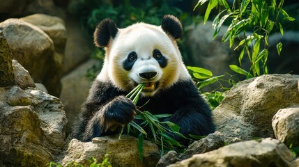 Obraz premium A playful panda munching on bamboo in its zoo habitat, surrounded by rocks and greenery.