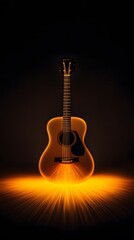 Naklejka premium Acoustic Guitar with Orange Glow and Black Background