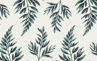 Naklejka premium Green leaves pattern. Seamless pattern with leafy branches on white backdrop. Perfect for nature-themed designs.
