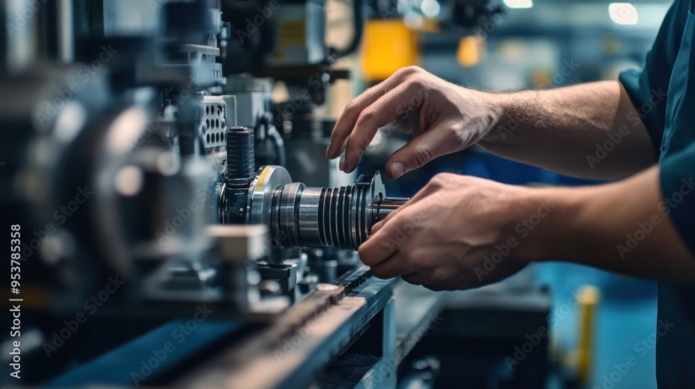 Poster Close-up of a worker's hands adjusting a metal part on a machine