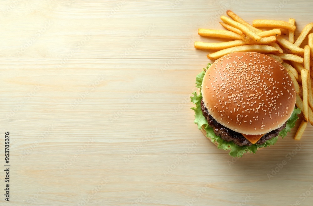 Poster Cheeseburger and French Fries on Wooden Background