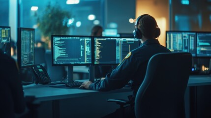 Busy 911 call center with police officers responding to emergencies, surrounded by advanced monitoring equipment. Copy text space available.