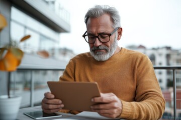 An elderly man with a beard and glasses reads from a tablet while sitting outside on a terrace wearing an orange sweater, representing leisure and modern technology adoption.