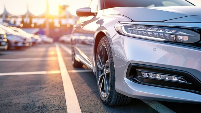 Close up of new silver car parked on road.