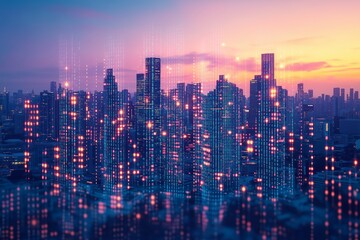Obraz premium A stunning visual representation of a futuristic cityscape blending with digital elements. 