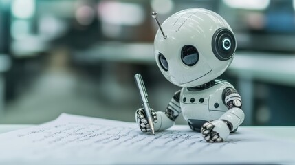 ChatGPT bot depicted writing answers with a pen on paper, merging AI and traditional writing. Clean background with copy text space.