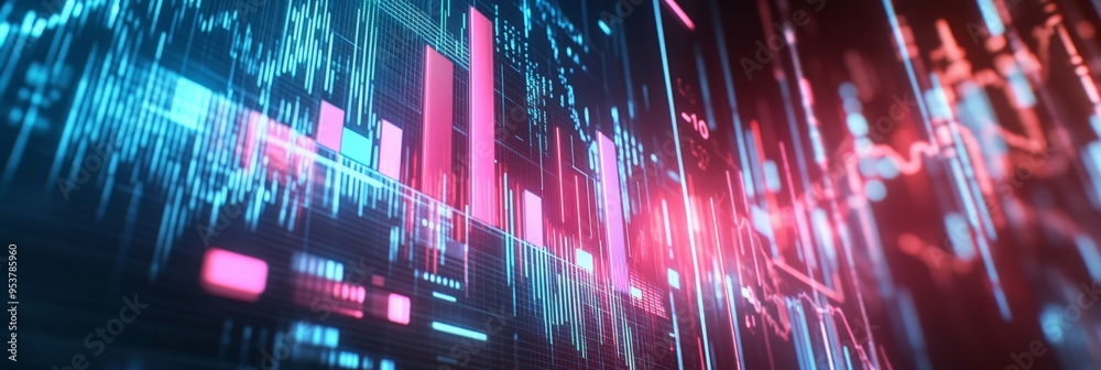 Poster futuristic 3d data visualization with neon pink and blue business charts and lines on a dark backgro