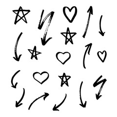 Group of chalked arrows and frames. Hand drawn black charcoal symbols for hand drawn diagrams. Vector doodle marker drawing. Freehand different curved arrows, swirls, cross