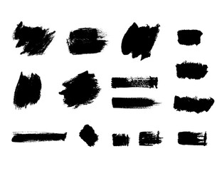Collection of vector paint brush stroke, ink splatter, grunge line and artistic design elements. Dirty overlay, watercolor splash, black silhouette.