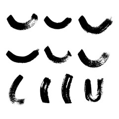 Collection of vector paint brush stroke, ink splatter, grunge line and artistic design elements. Dirty overlay, watercolor splash, black silhouette.