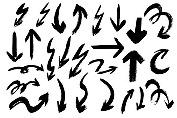 Group of chalked arrows and frames. Hand drawn black charcoal symbols for hand drawn diagrams. Vector doodle marker drawing. Freehand different curved arrows, swirls, cross