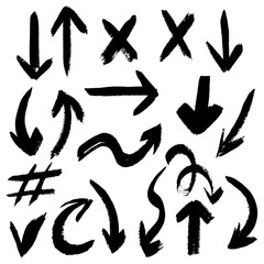 Group of chalked arrows and frames. Hand drawn black charcoal symbols for hand drawn diagrams. Vector doodle marker drawing. Freehand different curved arrows, swirls, cross