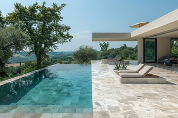 Fototapeta premium Modern swimming pool with elegant lounge chair, white concrete structure, light marble tiles, and minimalist garden with clear blue sky.