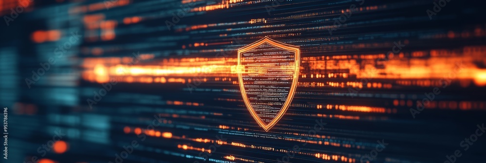 Poster Wide shot of a glowing digital shield icon on a data network, symbolizing cybersecurity and information protection. Ideal for illustrating secure digital environments.