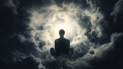 Obraz premium Person Surrounded By Dark Clouds, With A Small Light Shining Through, Symbolizing Hope Amidst Despair