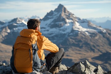 Fototapeta premium A hiker dressed in an orange jacket sits on a rocky ledge admiring a breathtaking mountain view with snow-capped peaks illuminated by the soft glow of sunrise.