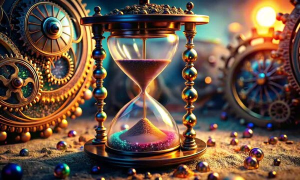Vintage hourglass with golden gears against magical sparkling background