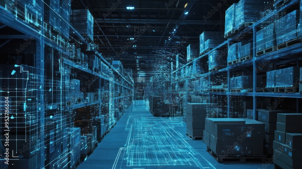 Poster a warehouse with digital overlays depicting data flow and inventory management