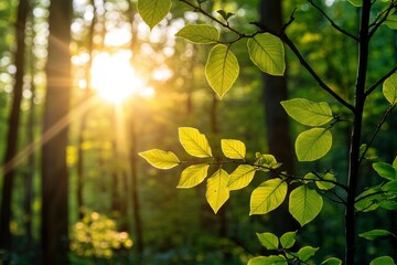 Obraz premium Springtime forest with setting sun shining through leaves and branches. Nature, forestry, habitat, environment and sustainability concepts with generative ai