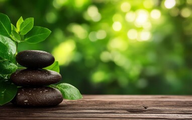 A serene arrangement of stacked stones beside green leaves, symbolizing tranquility and nature's beauty.