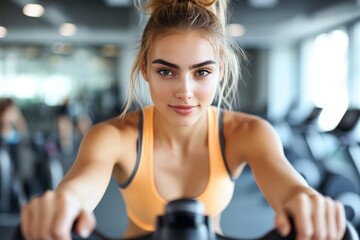 Fototapeta premium A woman intensely focused on her workout session in a gym, firmly holding onto exercise equipment, exemplifying dedication and fitness in a modern gym environment.