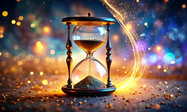 Vintage hourglass with golden sand against magical sparkling background