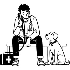 Worried Veterinarian on the Phone with Dog Patient.