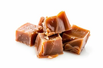 homemade salted caramel pieces isolated on white background