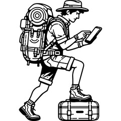 Adventurer with Backpack and Smartphone.