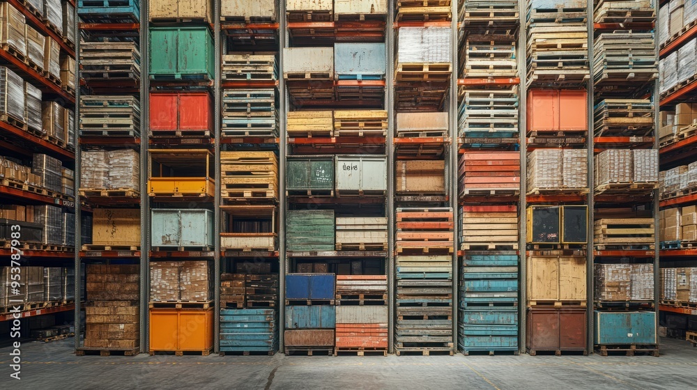 Poster stacked pallets and crates in a warehouse storage facility