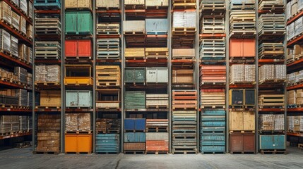 Stacked Pallets and Crates in a Warehouse Storage Facility