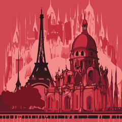 Obraz premium Fantasy world Paris flat lay in crimson red. Vampire gothic city, stylish post apocalypses architecture design,.