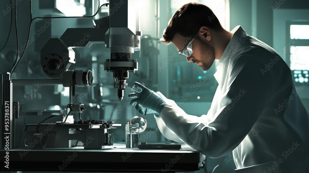 Poster scientist working with precision equipment in a laboratory
