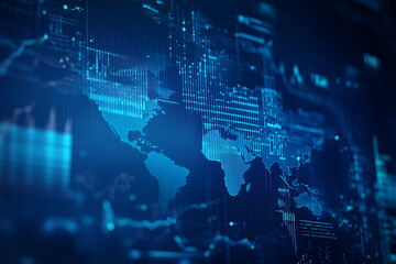 A blue digital background featuring a world map with interconnected Bitcoin symbols, representing the global spread of blockchain technology in financial and trading applications